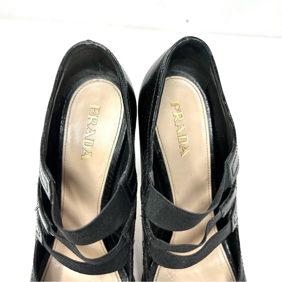 PRADA black crinkled leather, peep toe Mary Jane heels, made in Italy size 39.5 - Picture 9 of 12